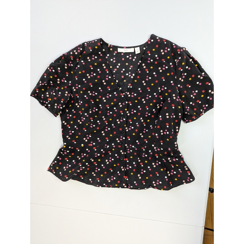 1901 Black Confetti Polka Dot Peplum Top V Neck Button Front M Retro Indie Twee